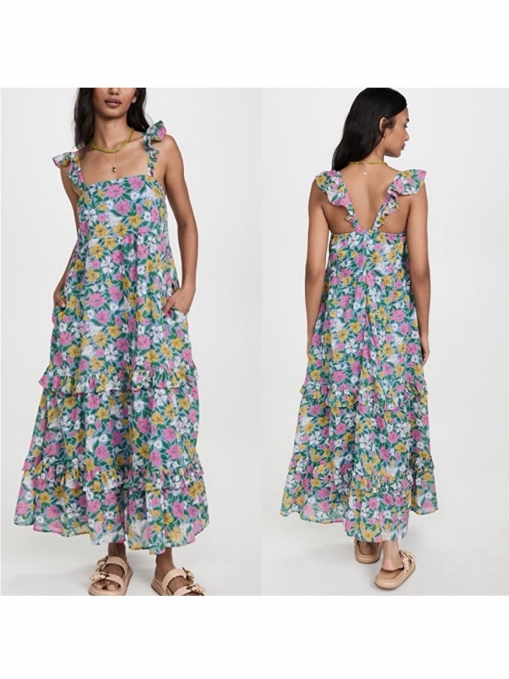 Banjanan ‘Penelope’ Ruffle Strap Maxi Dress - Pink & Green Floral